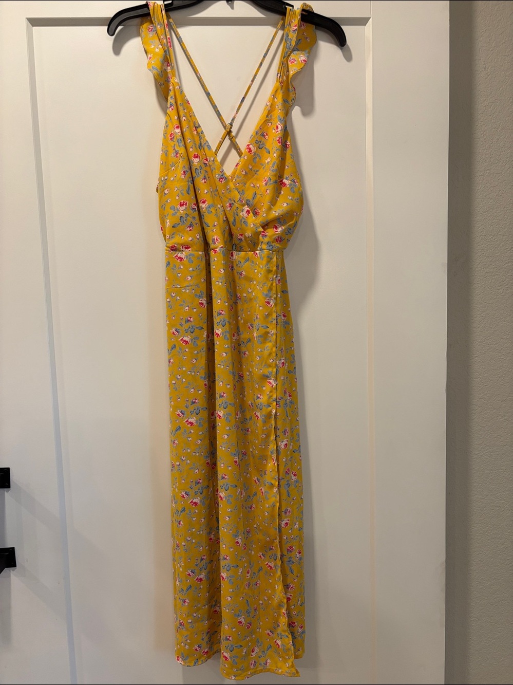 Miami Yellow Floral Faux Wrap Dress Sleeveless Womens Large